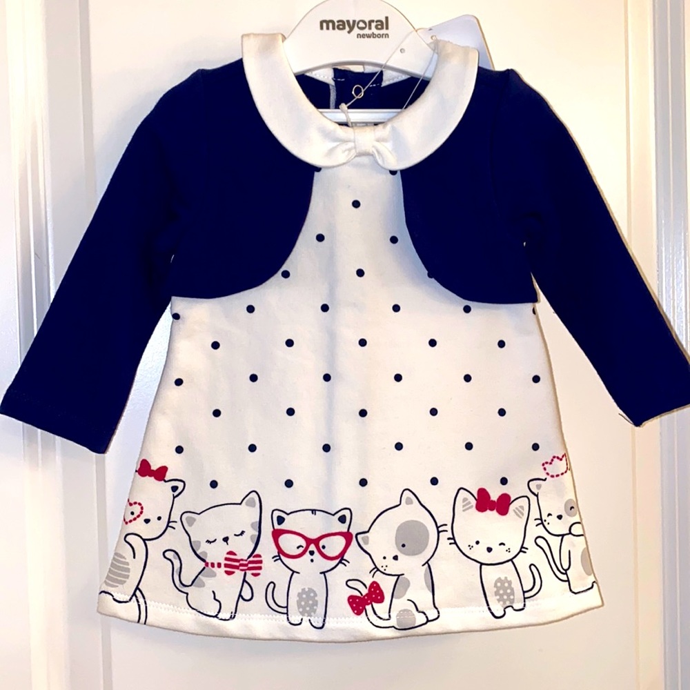 Mayoral NWT Kittens & PolkaDot Dress Fleece Lined